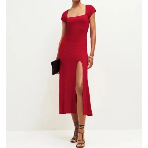 Reformation | Dresses | Reformation Harlyn Knit Dress Size Small Midi Leg  Slit Cap Sleeve Red Open Back | Poshmark